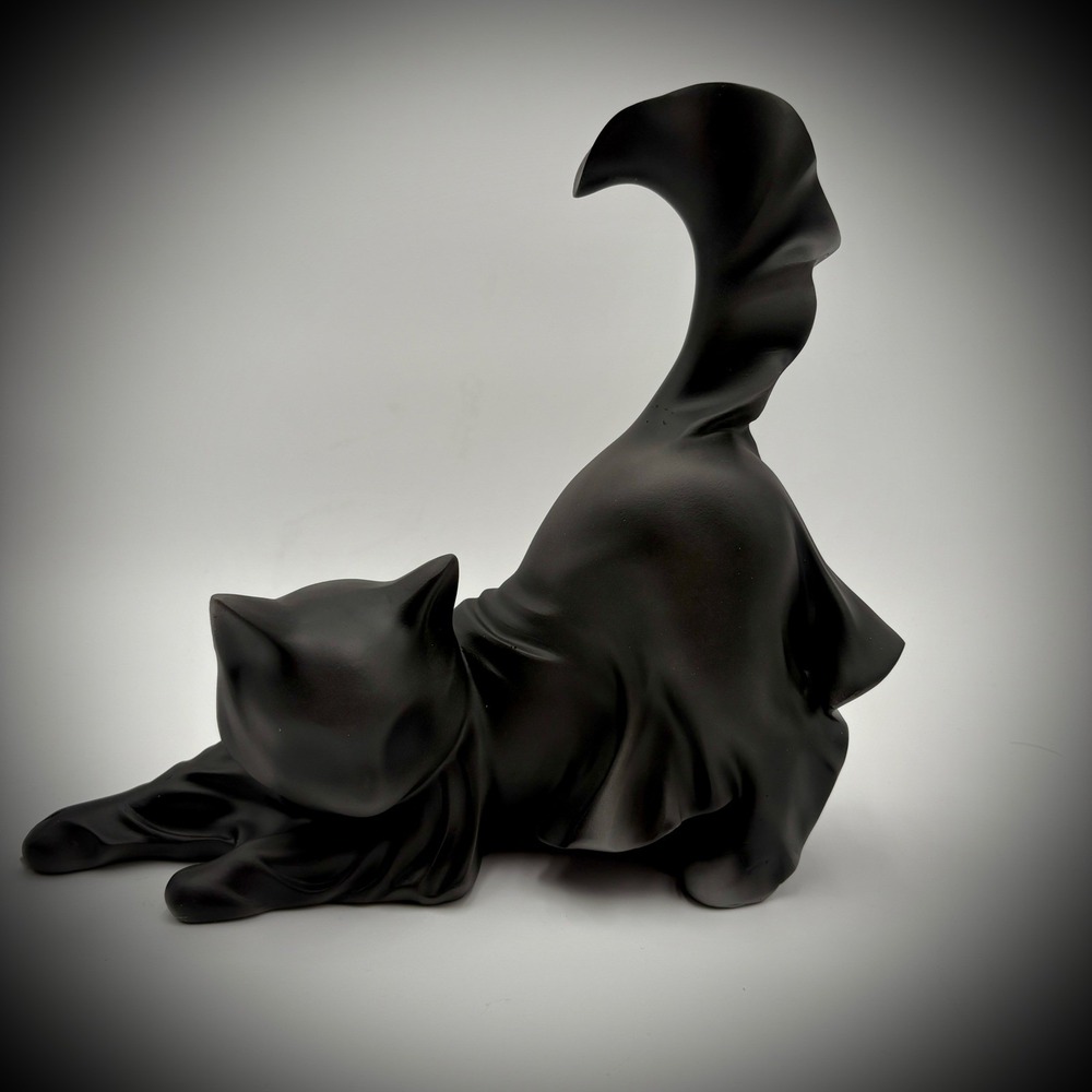 Black Ghost Cat Statue Whimsical Stretching Tail Upwards Decorative Figure
